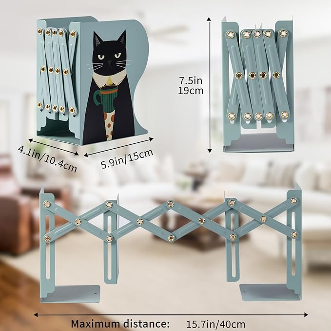 Cat Bookends, Adjustable Metal Book Ends for Shelves Decorative Unique Design for Heavy Books, Non-Skid Book Holder for Home Housewarming Cooking Lover Gifts (Cat)