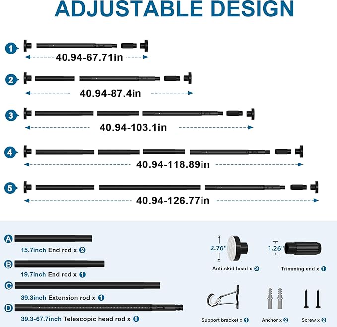 AIZESI 41-124 Inch Heavy Duty Black Tension Curtain Rod - No Drilling, Adjustable, Rust-Resistant for Outdoor, Living Room, Window, Bathroom
