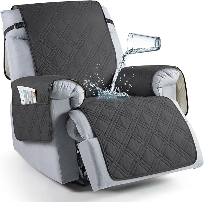 TAOCOCO Waterproof Recliner Chair Cover, Non Slip Oversized Recliner Covers for Recliner Chair with Pocket, Reclining Chair Cover Furniture Protector for Kids, Pets(28'', Charcoal Gray)