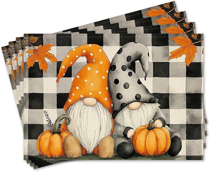 Double Side Set of 4 Gnome Fall Placemats Seasonal Autumn Maple Leaves Buffalo Plaid Table Mats for Indoor Outdoor Home Party Dining Decor Farmhouse Burlap Table Mats 12x18 Inch #WP014