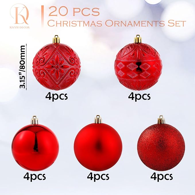 20ct Red Christmas Ball Ornaments Shatterproof Plastic Christmas Tree Decorations for Xmas Party Home Office Holiday Decor -Large Size (3.15", 80mm)