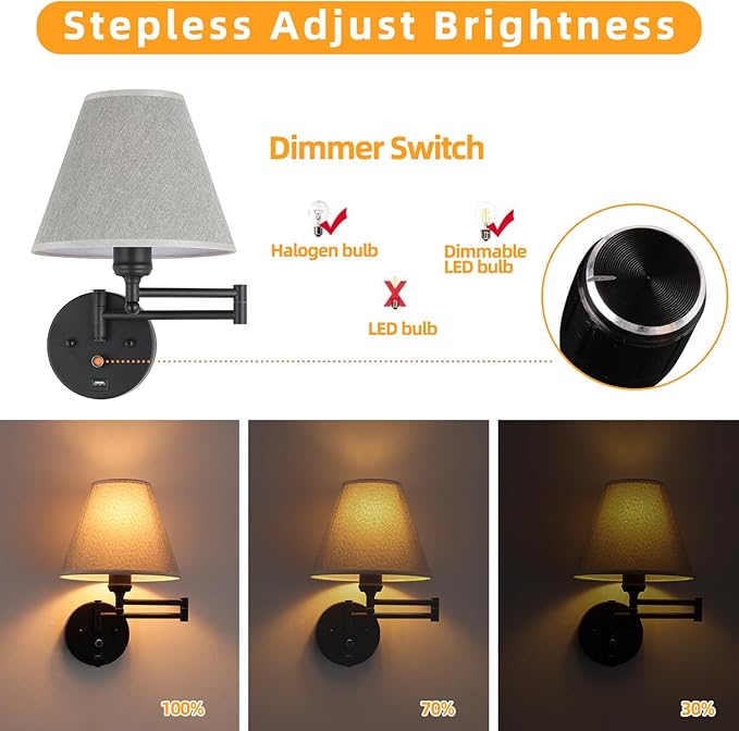 Swing Arm Wall Lamp.Wall Mount lamp with Dimmable Switch.Plug in Wall Sconces with USB Charging Port. Black Sconces Wall Lighting Suitable for Bedroom,Living Room.