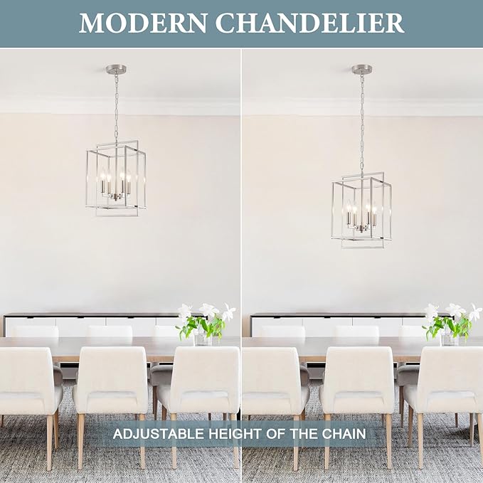 Nickel Chandelier Dining Room Light Fixture Lantern Chandeliers Iron Farmhouse Pendant Light Rustic Rectangle Adjustable Height Modern Kitchen Light for Living Room Entryway