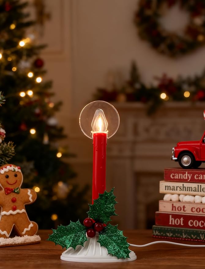 Plug in Electric Christmas Window Candles, 2-Pack with 2 Extra Bulbs, Red Taper Candle Lamp with 2200K Warm White Glow for Windows, Festive Party & Holiday Decorations