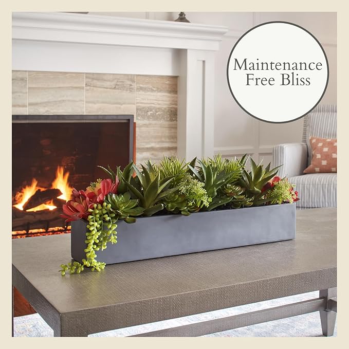 CG Hunter Oblong Faux Succulent Arrangement, Premium Artificial Indoor Plant Enhances Interior Design, Display on any Surface in Your Home Adding an Inviting Touch of Nature, Grey Planter Pot Included