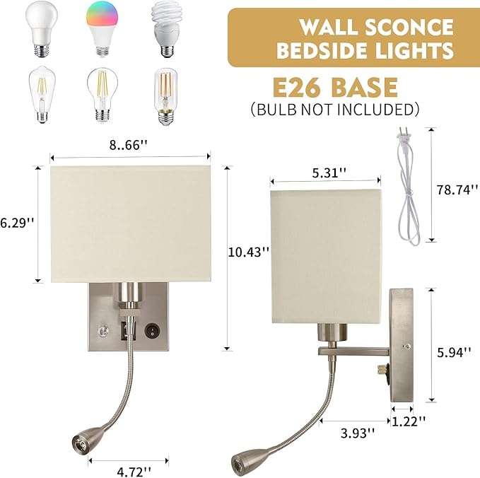 Wall Sconce Plug in Cord Set of 2, Bedside Wall Mount Lights with Dimmable Switch, LED Bedroom Wall Lighting Fixtures with Reading Lamp USB Ports Brushed Nickel