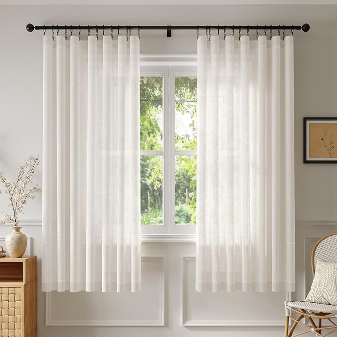 Anmao Natural Linen Curtains for Living Room 63 Inch Length 2 Panels Set, Light Filtering Semi Sheer Window Curtain Drapes for Bedroom with Curtain Rings and Clips, 52Wx63L, Ivory