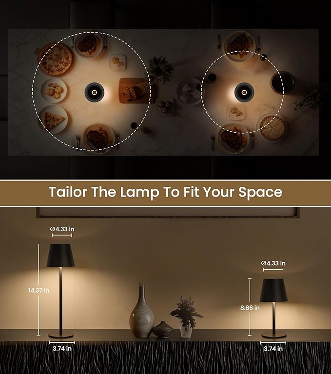 Cordless Table Lamp, Portable Battery Operated Lamp with 3 Color Temps and Stepless Dimming, Rechargeable Table Lamp for Dinner, Desk, Cafe, Outdoor (Black)