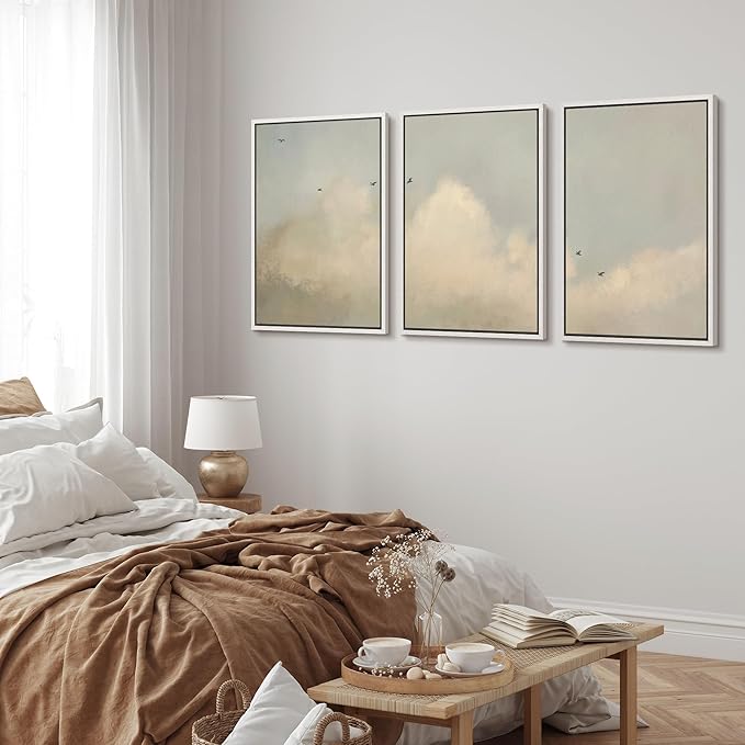 MUDECOR Framed Wall Art Print Set Minimalist Serene Sky with Birds Illustrations Modern Art Boho Decorative Colorful Chic for Living Room, Bedroom, Office - 24"x36"x3 White
