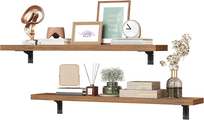HOOBRO Floating Shelves for Wall, 31.5" Wall Mounted Shelves Set of 2, Hanging Storage Shelf with Metal Brackets, Wooden Shelf for Living Room, Bedroom, Bathroom, Rustic Brown and Black BF82BJP201G1