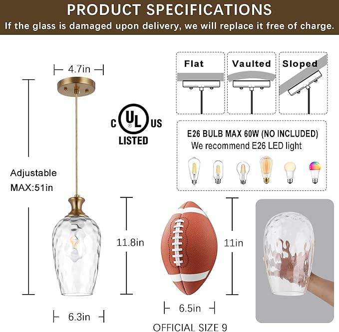 Glass Pendant Lights Kitchen Island Clear Glass Hanging Light Fixtures Farmhouse Brass Pendant Light for Kitchen Sink Dining Room, E26, Gold