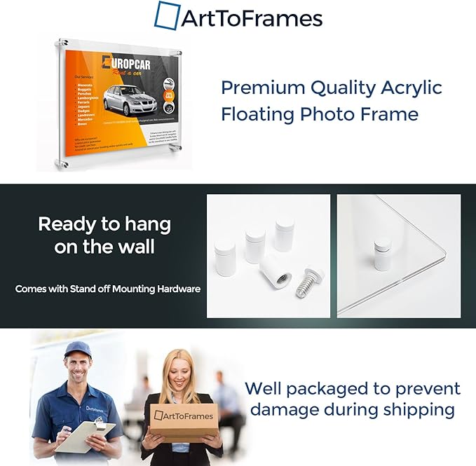 ArtToFrames Floating Acrylic Frame for Pictures Up to 12x14 inches (Full Frame is 16x18) with White Standoff Wall Mount Hardware, Acrylic-109-12x14-73