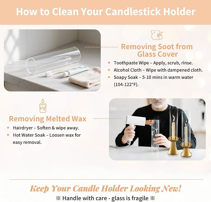 NUPTIO Taper Candle Holders Gold: Set of 2 Candlestick Holder with Hurricane Glass Cover - Tall Metal Candles Stick Stand for Fall Thanksgiving Christmas Seasonal Fireplace Decor