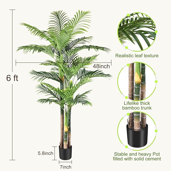 6ft Tall Triple Golden Cane Palm Artificial Tree Large Tropical Palm Tree UV Resistant Fake Plant in Pot for Indoor Outdoor Big House Living Room Outside Patio Office Home Decor 1Pack