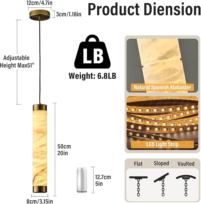 20" Natural Alabaster Pendant Light, Marble Cylinder Brass Pendant Lights, Natural Adjustable Modern Ceiling Light Fixtures for Kitchen Island, Dining Room, Bedroom, Bathroom, Living Room