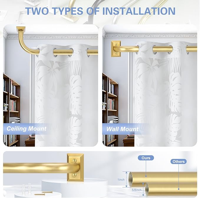 Gold Wrap Around Curtain Rods 2 Pack:Blackout Heavy Duty Adjustable Window Curtain Rod for Bedroom Kitchen,Modern Decorative Curved French Metal Drapery Rods Easy Install,Brushed Gold 48-90"