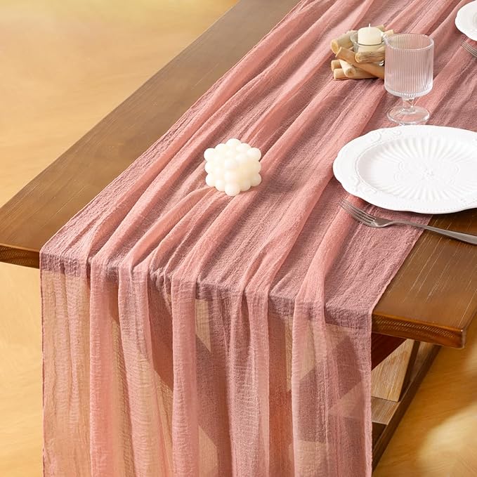Socomi Cheesecloth Table Runner Rose Gold Valentine's Day Gauze 120 Inch Rustic Boho Cheese Cloth Runner for Wedding Party Baby Bridal Shower Centerpiece Decoration Holiday Home Decorations