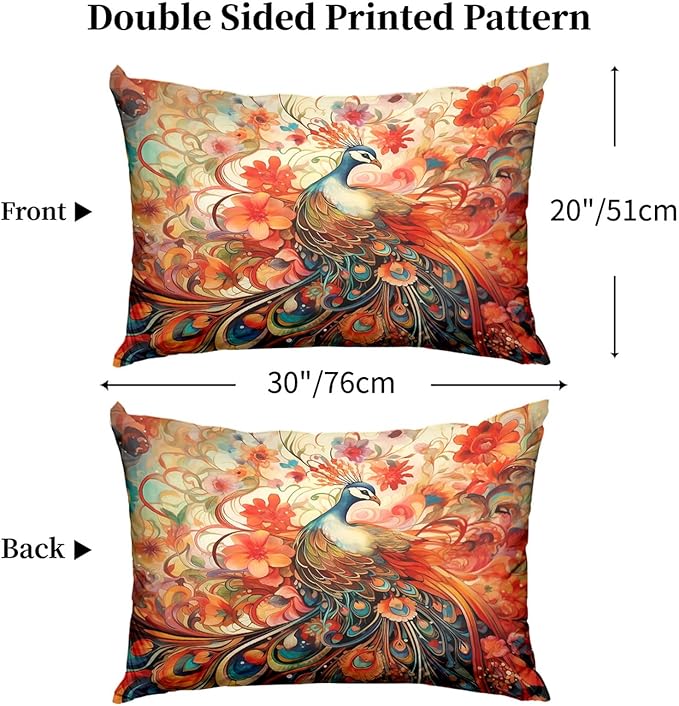 Peacock Pillow Protectors with Zipper Standard Size Coquette Bird Animal Pillow Covers Set of 2 Boho Floral Pillowcases Vintage Chinoiserie Colorful Flowers Bed Pillow Covers 30"X20"