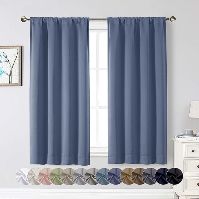 Denim Blackout Curtains for Bedroom Living Room 54 Inch Length 2 Panels Set, Soft Solid Thermal Insulated Room Darkening Curtains Drapes, Modern Rod Pocket Design, Denim, 2PCS Each 40"Wx54"L