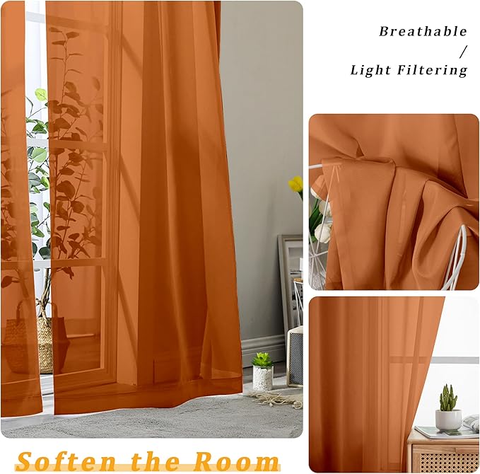 Gwine Sheer Curtains 72 Inches Long 2 Panels for Front Door, Light Filtering Fall Sheer Curtains for Living Room, Lightweight Rod Pocket Window Treatments Drapes, Each 42 Wx72 L, Burnt Orange