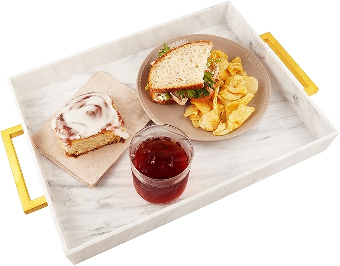 Acrylic Serving Tray with Gold Handles, 16" x 12" Decorative Tray for Coffee Table, Spill-Proof Server for Food and Drinks. Multipurpose for Kitchen, Countertop, Vanity, Ottoman, and Parties (Marble)