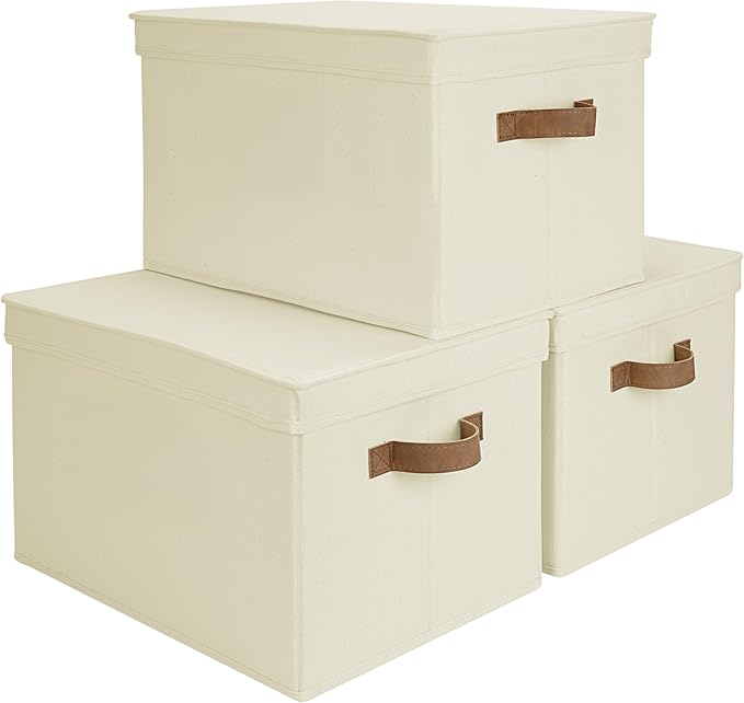 StorageWorks Storage Bins with Lids, Decorative Storage Boxes with Lid and PU Handles, Foldable Storage Baskets for Closet, Shelves, Stackable, Ivory, Jumbo, 3-Pack