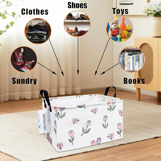 LANGYASHAN Rectangular Storage Bin Collapse Canvas Fabric Cartoon Storage Basket with Handles for Organizing Home Kitchen Boys and Girls Toys Office Closet Shelf Baskets (Rec Romantic Tulip)