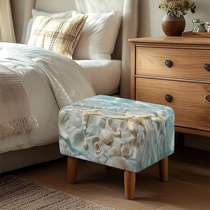 Ottoman Cover Rectangular Beach Starfish Thick Ottoman Slipcovers Elastic Nonslip Folding Storage Footrest Stool Cover Easy to Install Furniture Protector for Foot Stool Decor