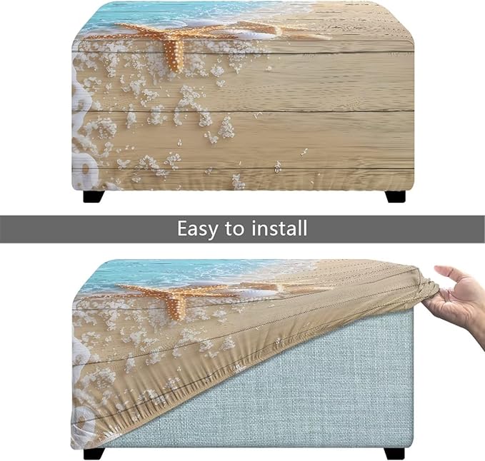Ottoman Cover Rectangular Slipcovers Starfish Shell Soft Stretch Foot Stool Covers for Ottoman Pet Proof Storage Footstool Protector with Elastic Bottom for Office Living Room Size L