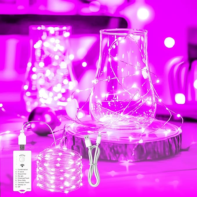 ZSJWL Rechargeable Fairy Lights with DIY Timer & 8 Modes, 16FT 50LED String Lights Battery Operated Indoor, Twinkle mini Lights for Bedroom Christmas Wedding Centerpiece Decor (Pink)