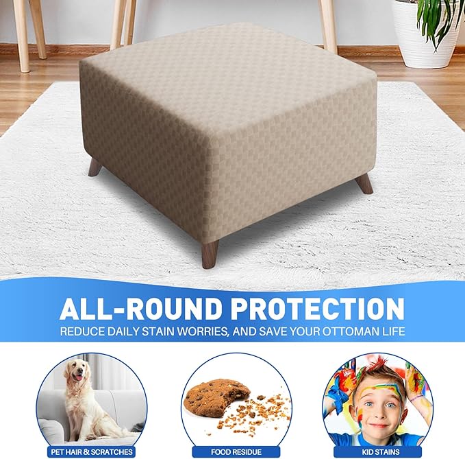 MAXIJIN Jacquard Ottoman Cover Slipcovers Folding Storage Stool Furniture Protector Cover Soft Thick Rectangle Foot Rest Slipcover with Elastic Bottom (Ottoman X-Large, Khaki)