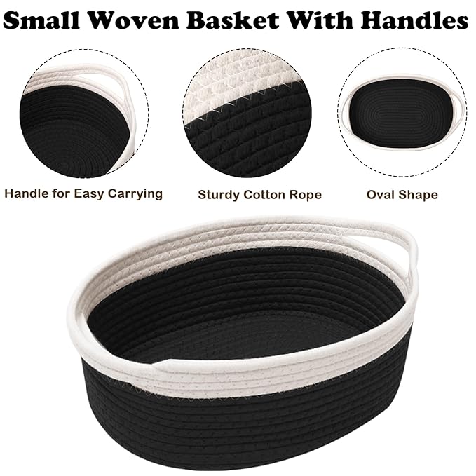 Small Woven Rope Basket-Empty Gifts Basket with Bag and Ribbons,Cute Handle Organizer Box for Birthday/Baby Shower, Toy Storage, Nursery Organizing & Shelf Decor(White&Black)