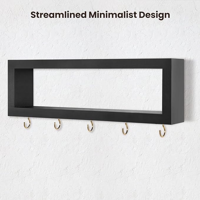 Wall Shelf with Hooks - Decorative Key and Wallet Holder for Wall Holds Sunglasses, Leashes, Scarves and Lanyards - 15.7" x 5.1" x 2.9" Entryway Organizer Made of Paulownia Wood (Black)