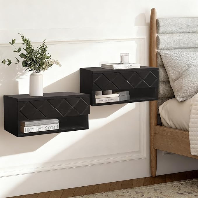 Floating Nightstand, Small Modern Floating Nightstand with Drawer, Floating Shelves for Bedroom, Bathroom Minimalist and Unique Style 16”x 10”x 8”Black