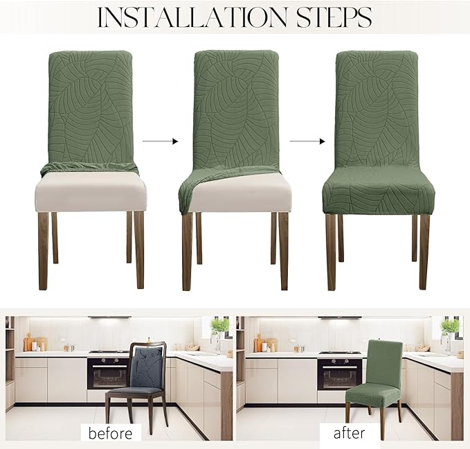 MOSAYT 100% Waterproof Dining Room Chair Covers Set of 4, Super Fit Stretch Jacquard Parson Chairs Slipcovers Removable Washable Chair Seat Protectors for Home, Kitchen, Banquet (Green - XL)