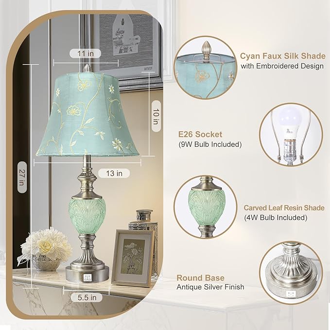 Bedside Table Lamp Set of 2 with Nightlight and USB A+C Ports, 27'' High Vintage Table Lamps with Silver Leaf Finish and Embroidered Shade, Nightstand Lamps Decor for Bedroom Living Room Home Office