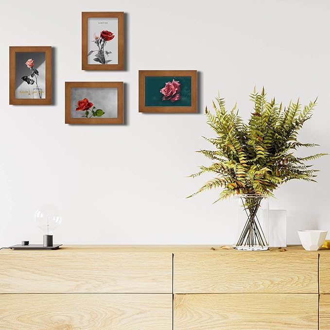 Egofine 4x6 Frames Set of 4, Made of Solid Wood Covered by Plexiglass 3x4.5 and 3.5x5 with Mat or 4x6 without Mat, for Table Top Display and Wall Mounting Photo Frame, Light Brown