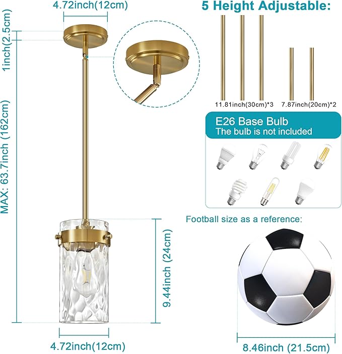 4.72" Hammered Glass Pendant Lighting for Kitchen Island 1 Pack, Modern Brushed Gold Pendant Light Fixtures, Adjustable Ceiling Pendant Light for Kitchen Island Dining Room Bedroom Hallway