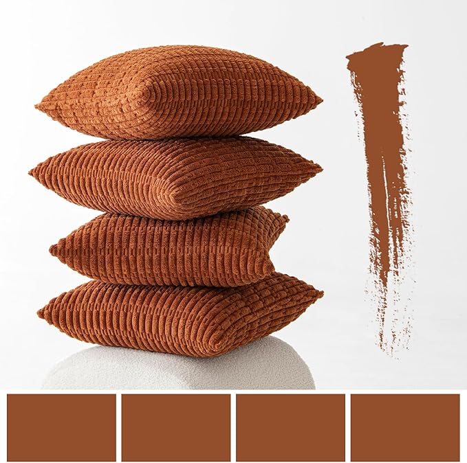 MIULEE Pack of 4 Fall Dark Rust Corduroy Decorative Throw Pillow Covers 18x18 Inch Soft Boho Striped Pillow Covers Modern Farmhouse Home Decor for Sofa Living Room Couch Bed