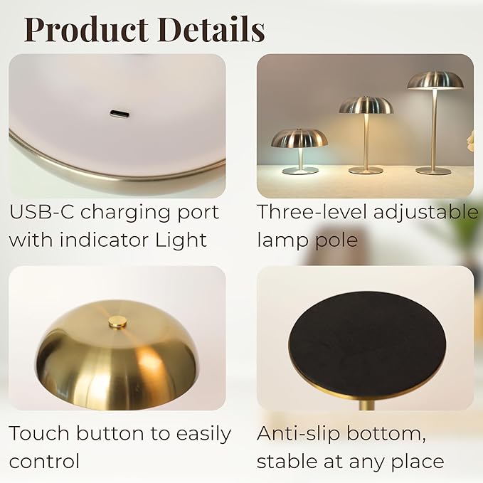 Portable Mushroom Table Lamp with 5200mAh Battery - Cordless LED Night Light with Stepless Dimming, 3 Color Modes & Adjustable Height for Bedroom, Patio, Bar Decor and Coffee Shop Ambiance（Gold-tall）
