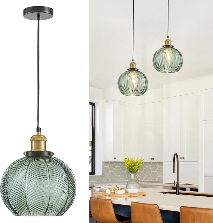7.8in Vintage Pendant Light 1- Light Kitchen Sink Pendant Lights with Green Hand Blown Glass Small Hanging Lamp for Kitchen Island Dining Room Bedroom Bathroom Hallway E26