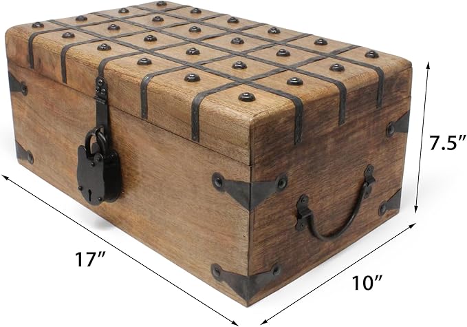 Nautical Cove Treasure Chest Wooden Box with Antique Iron Lock and Skeleton Key (X-Large 17x10x7.5) - Storage and Decor – Pirate Wooden Treasure Chest, Decorative Box with Hinged Lid,