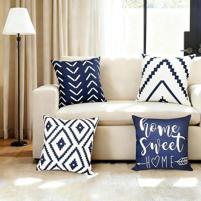 Decorative Throw Pillow Covers 18x18 inch Set of 4 Blue Pillow Covers for Couch Sofa Bed Living Room,Farmhouse Outdoor Throw Pillow Cover,Modern Geometric Linen Square Throw Pillow Cases
