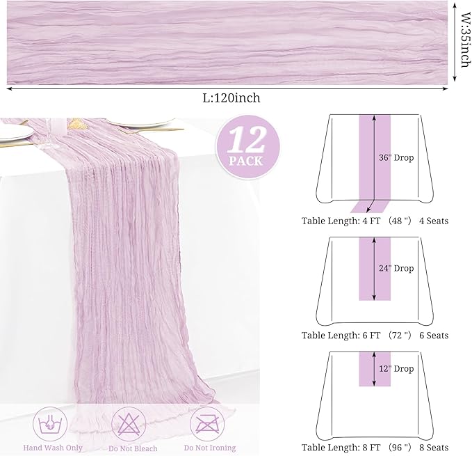 12 Pack Purple Pink Cheesecloth Table Runner 35x120 Inch 10Ft Gauze Cheese Cloth Table Runner, Boho Rustic Wedding Table Runner for Wedding Bridal Shower Graduation Banquet Table Decorations