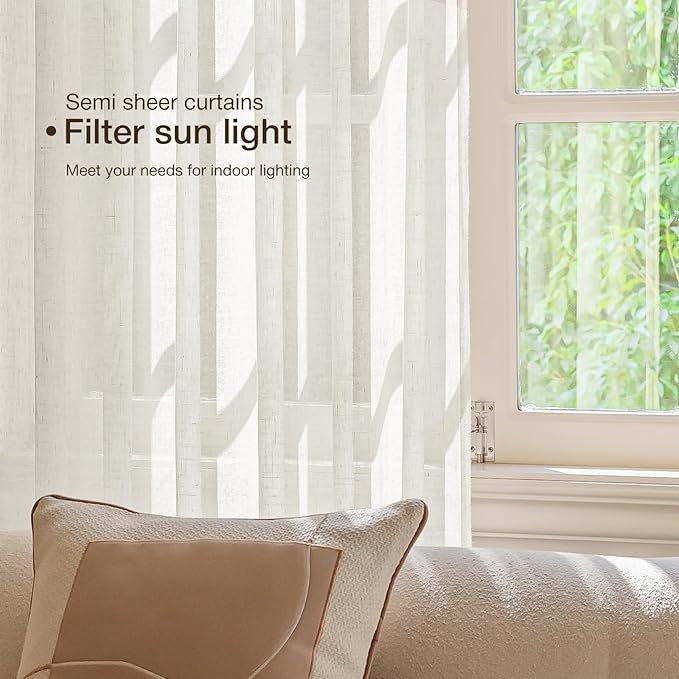 Anmao Natural Linen Curtains for Living Room 80 Inch Length 2 Panels Set, Light Filtering Semi Sheer Window Curtain Drapes for Bedroom with Curtain Rings and Clips, 52Wx120L, Ivory