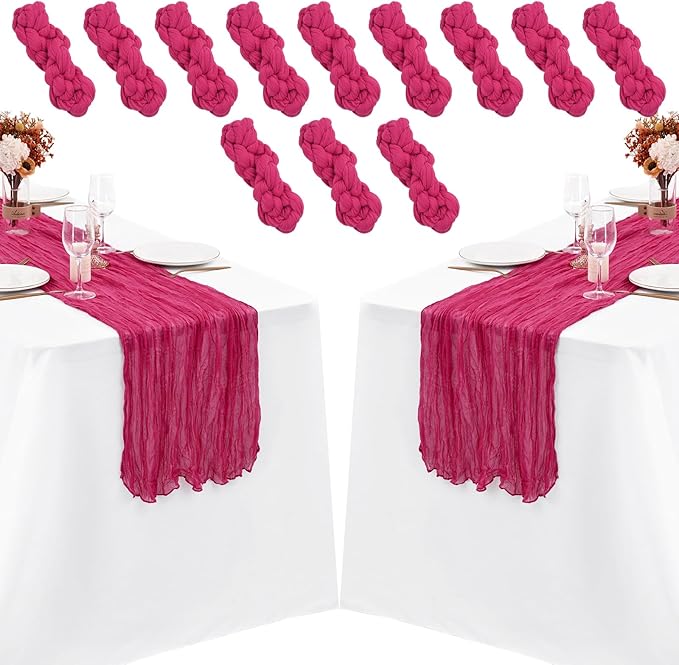 12 Pack Hot Pink Cheesecloth Table Runner, Gauze Boho Long Cheesecloth Table Runner 35x70inch Rustic Table Runners for Wedding Party Bridal Shower Banquet Easter Table Decorations