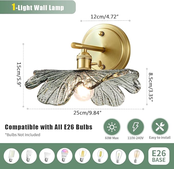 Modern Bathroom Vanity Light Vintage Wall Sconce Hand Blown 1-Light Wall lamp Indoor Wall Light with Dark Green Glass Shade Gold Vanity Light Over Mirror for Bedroom Hallway Living Room