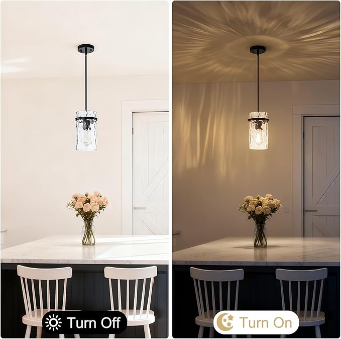 Black Hammered Hand-Blown Glass Pendant Light Modern Pendant Lights Kitchen Island, Hammered Glass Pendant Light Fixtures Farmhouse Dining Room Light Adjustable Pendant Lighting over Sink 2 Pack