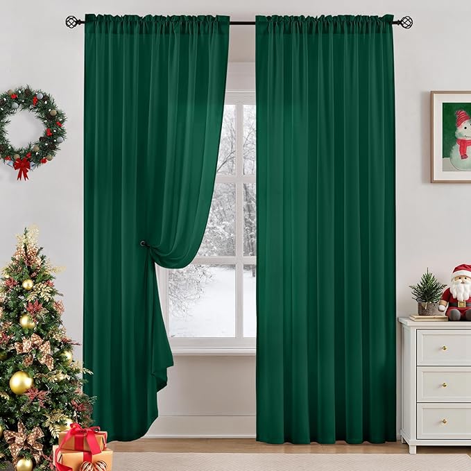 HOMEIDEAS Non-See-Through Dark Green Privacy Semi Sheer Curtains 84 Inches Long 2 Panels Set Light Filtering Curtains for Living Room Bedroom Drapes,W52xL84