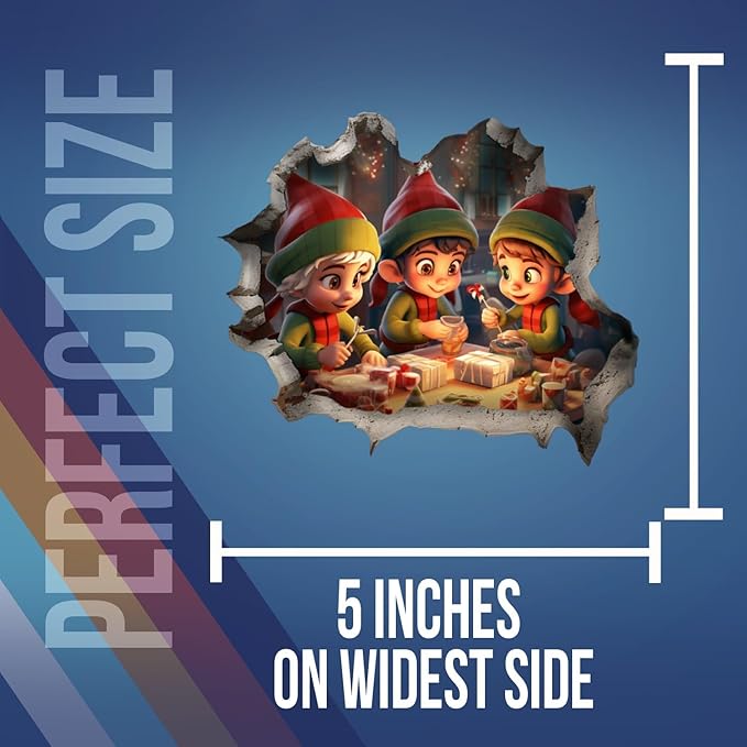 Santa's Elves Hole in Wall Christmas Art Sticker - Funny 3D Prank Peel and Stick Decal - Premium Quality Vinyl Stickers 2-Pack | 5-Inch on Widest Side | Made in USA FHJ1381